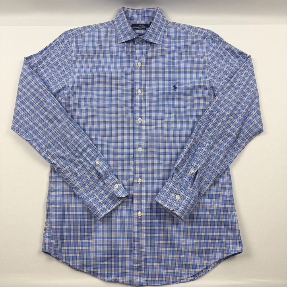 Polo Ralph Lauren Mens Medium Slim Fit Blue Plaid Cotton Stretch Button Down